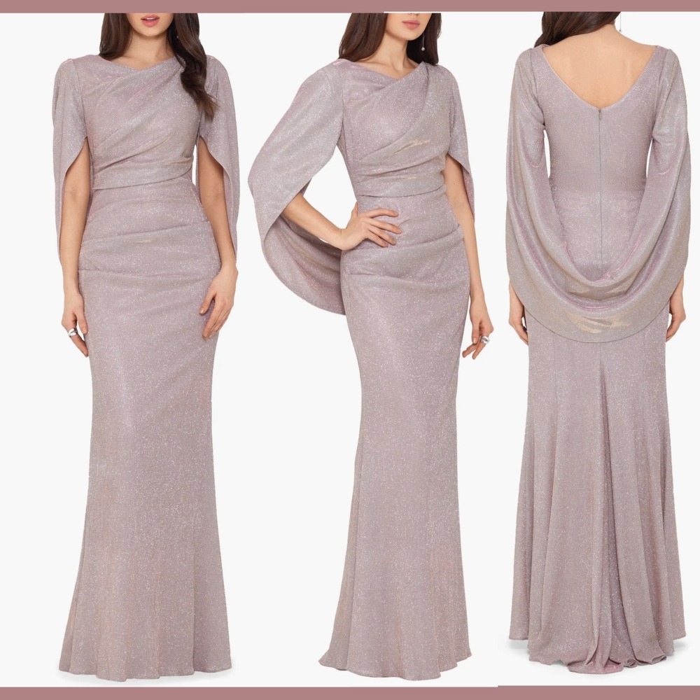 NWT $299 Betsy & Adam [ 6 ] Glitter Drape Cape Sleeve Trumpet Gown‎ Pink #S1891